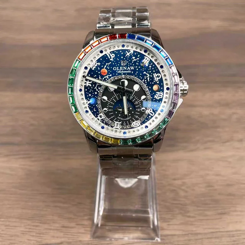 GLENAW Design Constellation cadran rotatif montre mécanique hommes diamant acier inoxydable étanche lumineux hommes montres