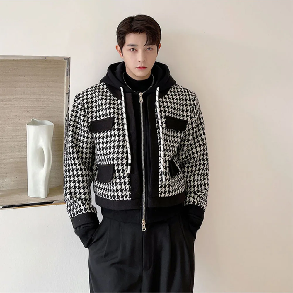 Men Houndstooth Hooded Jacket Splice Design Fashion Vintage Niche Hood Short Coat Male Korean Streetwear Loose Casual Jacket