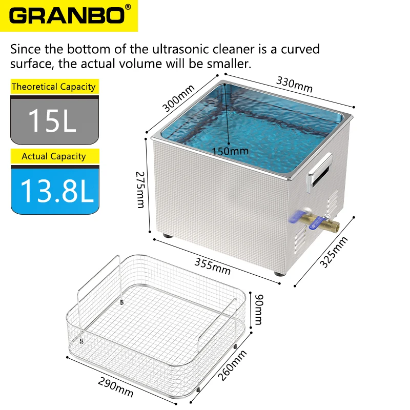 Granbosonic 실험실 초음파 클리너, 가변 웨이브 비커, 테스트 튜브 금속 도구, 광학 렌즈, 딥 클리닝, 15L, 360W  540W