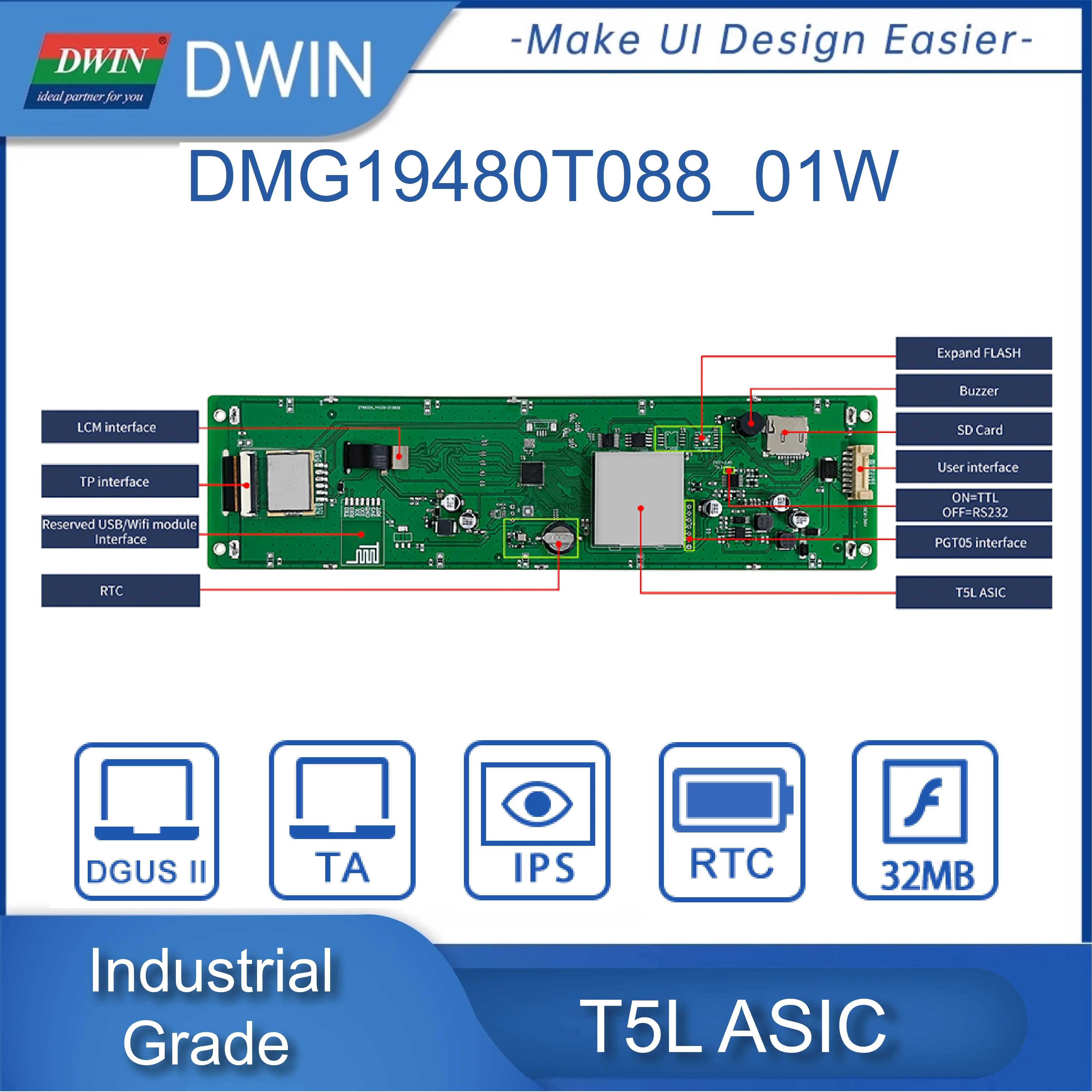 Dwin 8.8 ġ  TFT UART ÷, 1920*480 IPS ũ, LCD ġ г , TTL/RS232, Arduino ESP32 