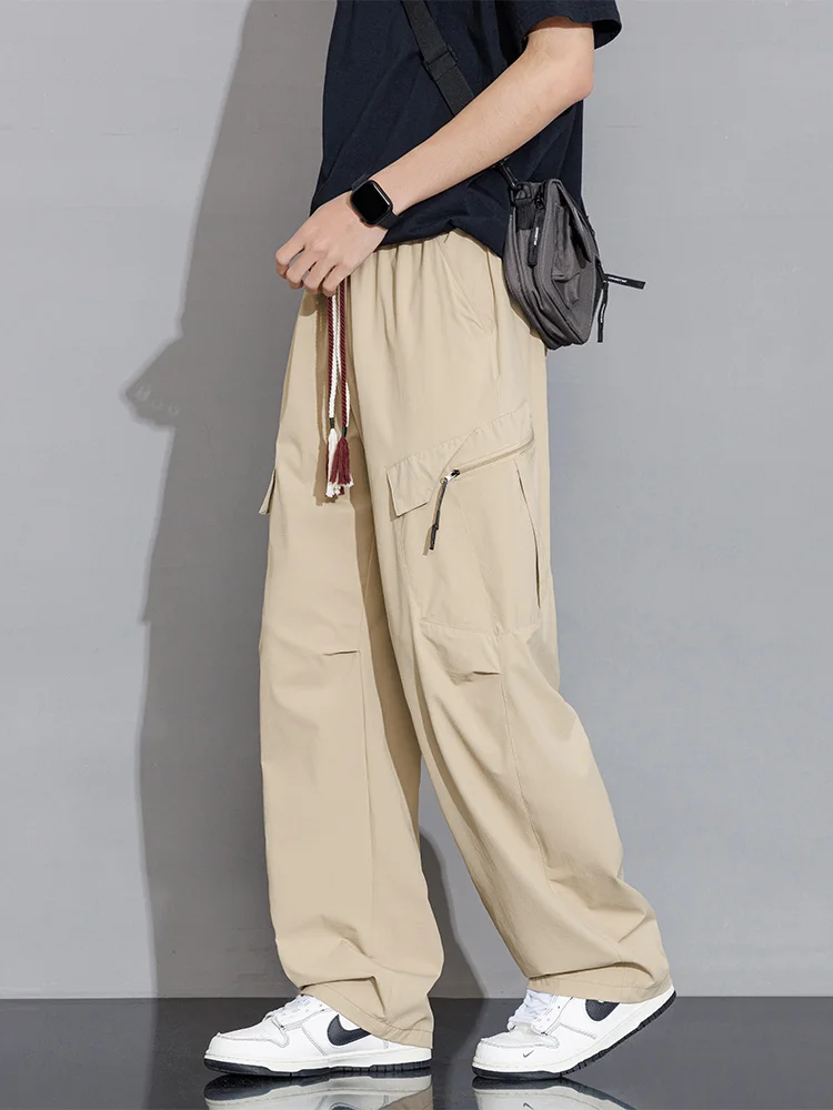 Summer Ice Silk Cargo Pants Men Zip Pockets Light Thin Quick Dry