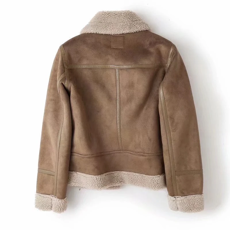 Brown Jacket for Women Winter Faux Shearling Sheepskin Fake Leather Jackets Lady Thick Warm Suede Lambs Short Motorcycle Coat