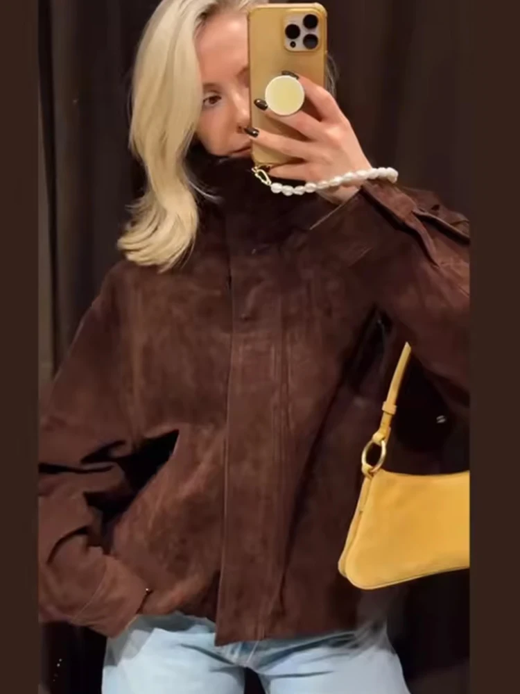 TFMLN Autumn Winter Women's Suede Jackets Fashion Loose Long Sleeves Elegant Warm Coat Chic Street Leisure Zipper Coats