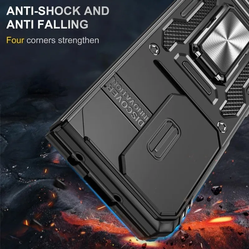 Military Armor Slide Lens Phone Case with Ring Stand and Magnetic Holder - Anti-Drop Protection Cover