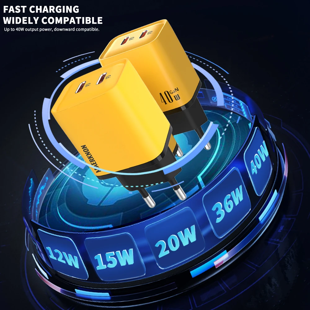 40W GaN Dual PD Ports Fast Charging Type C Wall Charger Adapter For iPhone 15 14 Xiaomi Samsung Quick Charge 3.0 Phone Charger