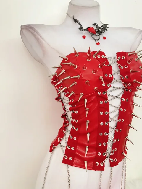 Red Lace Up Spikey Corset Top 10