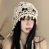Handmade Crochet Hat Y2k Fashion Hollow Beanie Hat Cap with Beads Tassle Thread Knitting Thin  Baotou Hat for Decoration Japan 1