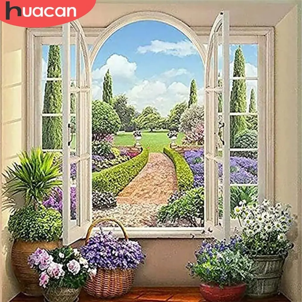 HUACAN 5D DIY Diamond Mosaic Landscape Window Full Drill Square Painting Flower Embroidery Kits Home Decoration