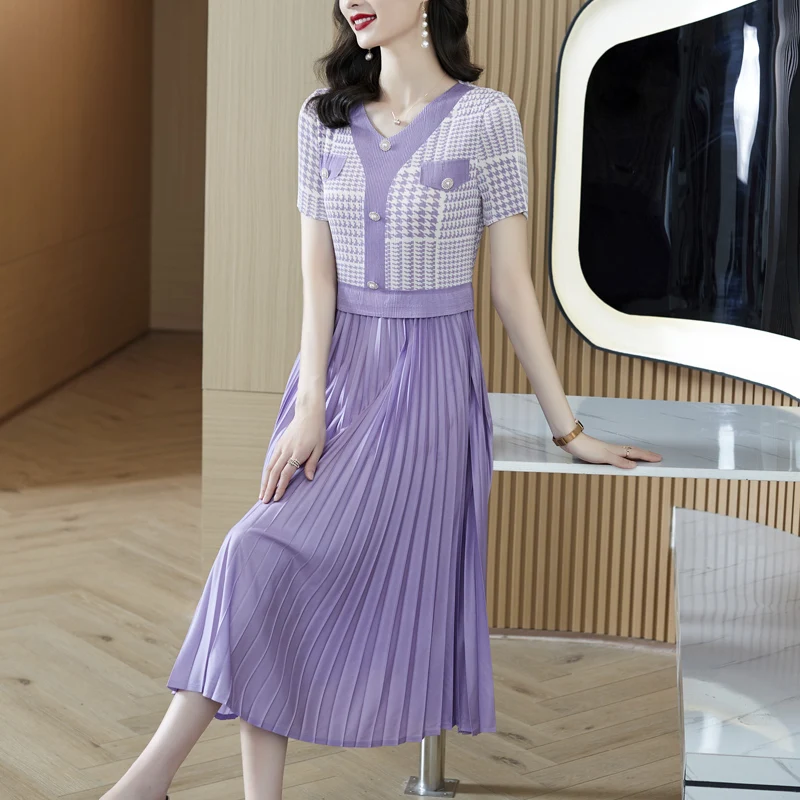 

Female Blue Print Patchwork Midi Pleated Dress Summer Short Sleeve V-Neck Elegant Dress 2024 Black Korean Vintage Dress