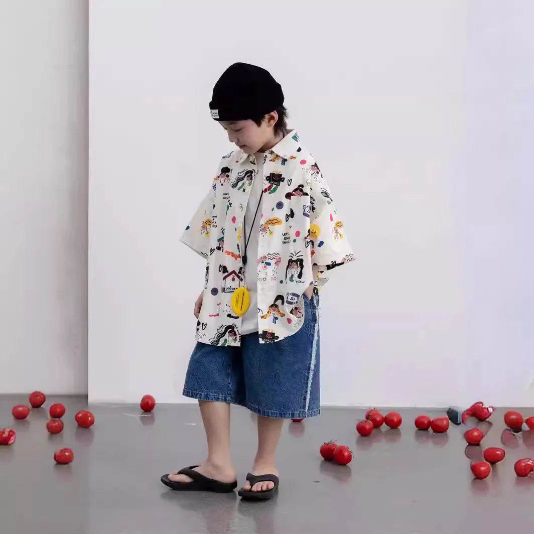 

Детская хлопковая рубашка с коротким рукавом, с принтом