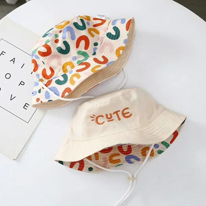 Kids Bucket Hat Double Sided Baby Cute Letter Embroidered Fisherman Panama Summer Sun Hat