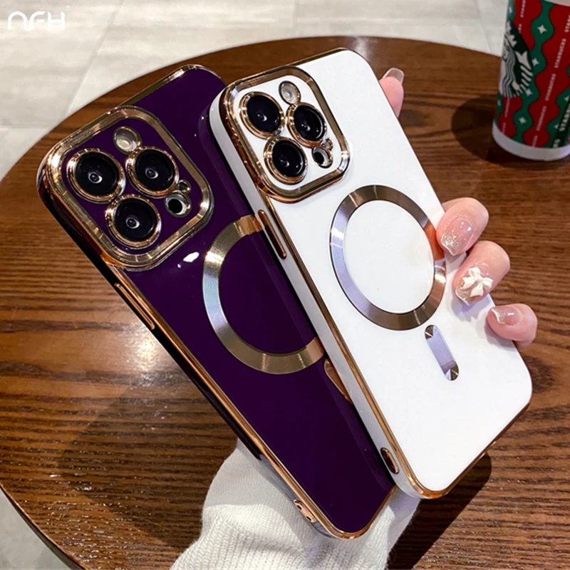 luxury gold frame magnetic smart phone case for iphone 15 14 plus 13 12 camera lens film cover shockproof electroplated fundas