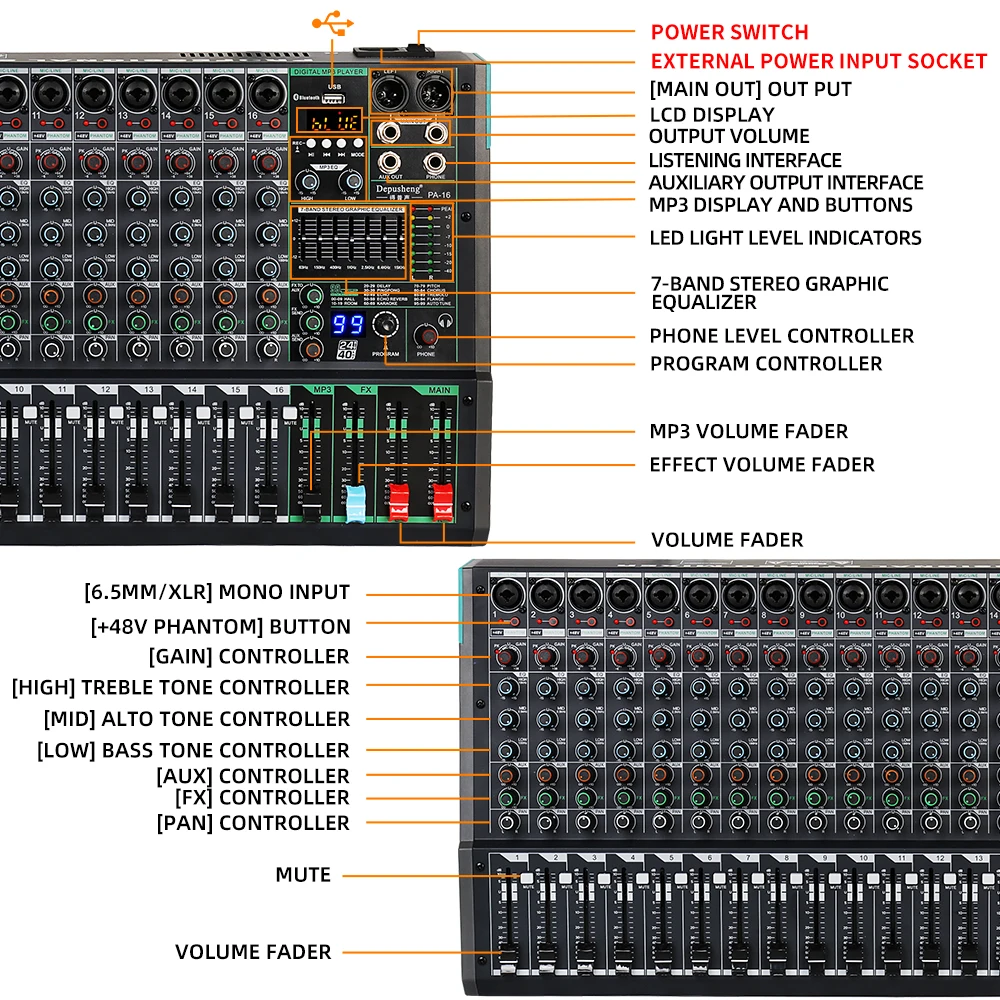 Console De Mixage Audio Depusheng PA16 - 16 Canaux, Bluetooth, USB, Effets Réverb
