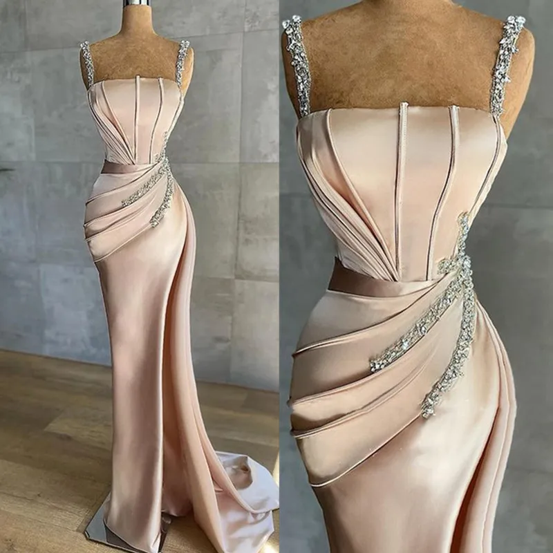 Elegant Ladies Satin Mermaid Luxurious Evening Dress Beaded Detachable Train Spaghetti Straps Prom Sexy Pleated Robes De Soirée