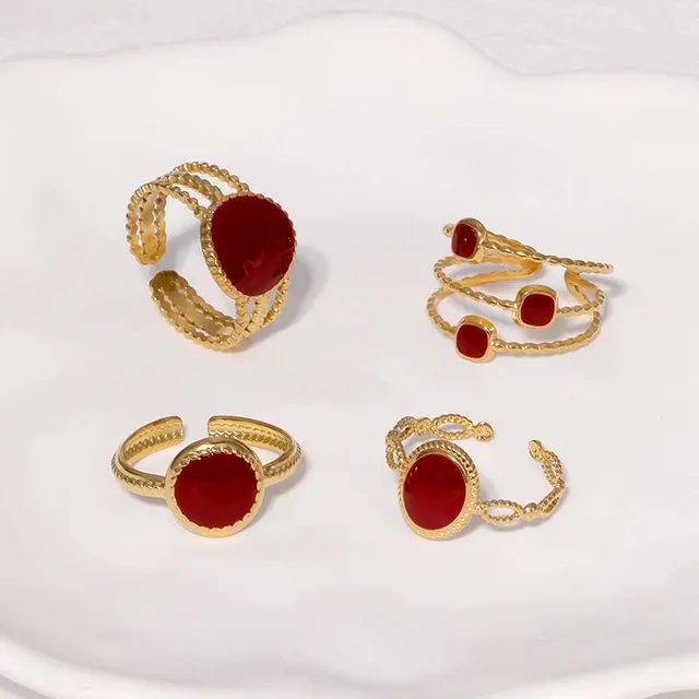 Bagues géométriques Vintage rouge goutte à goutte d'huile pour femmes, en acier inoxydable, couleur or, ouverture en cœur, bagues réglables, bijoux, nouveau 2025