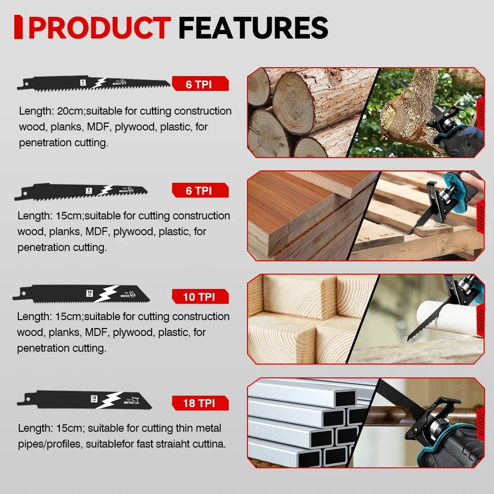 Reciprocating Saw ONEVAN 3000W Cordless Electric Reciprocating Saw 10000SPM Cordless Multifunction Saw Wood Cutting Tools 21V 18V Battery