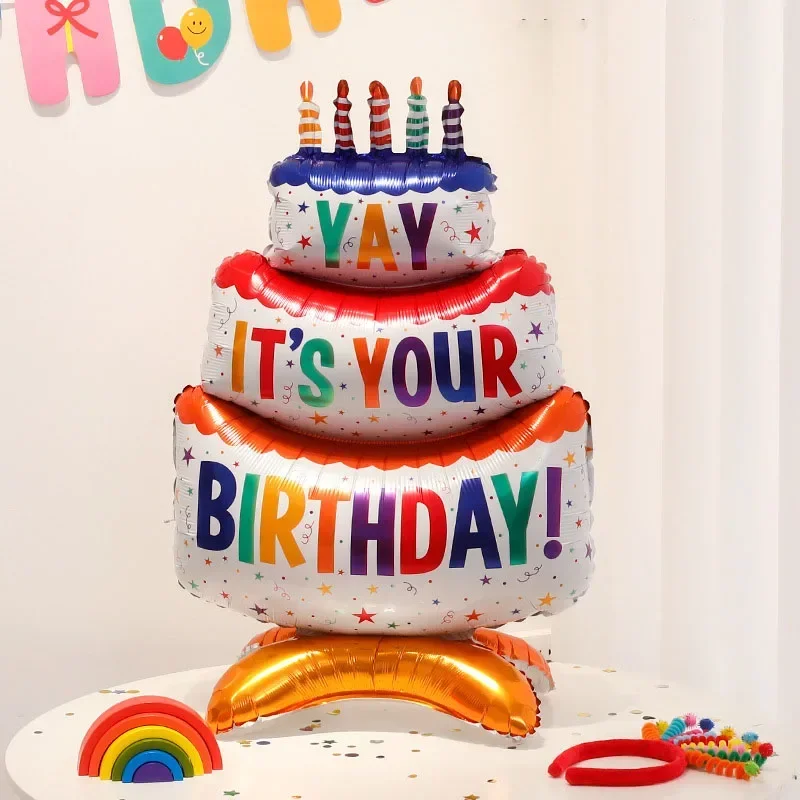 1pc-Birthday Balloons Colorful Candles Three Tier Cake Aluminum Foil Balloons