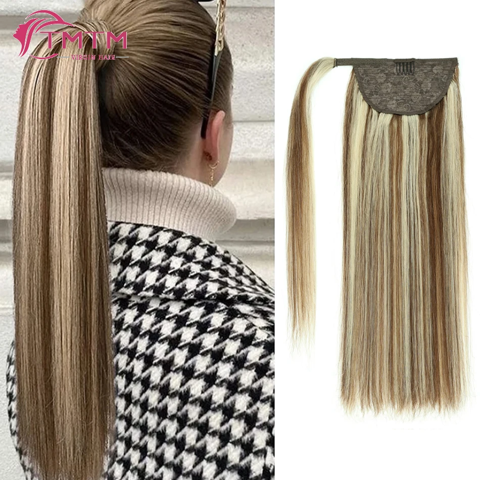 6/613# Ponytail Human Hair Extensions Wrap Around Ponytail Chestnut Brown Highlight Golden Blonde Clip in Ponytail Extensions