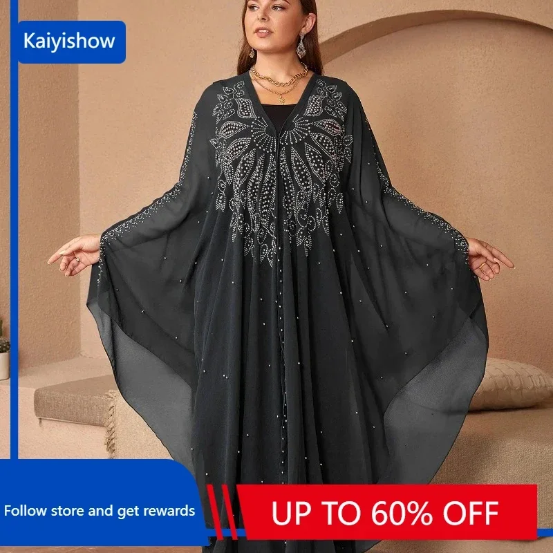 Chic and Elegant Woman Dress Plus Size African Dresses for Women African Long Sleeve V-neck Black Blue Abaya African Clothing