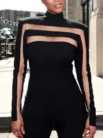 Yeezzi Female Fashion Sexy Mesh Split-Joint High Neck T-Shirts 2025 New Spring Long Sleeves Solid Color Skinny Tops For Women