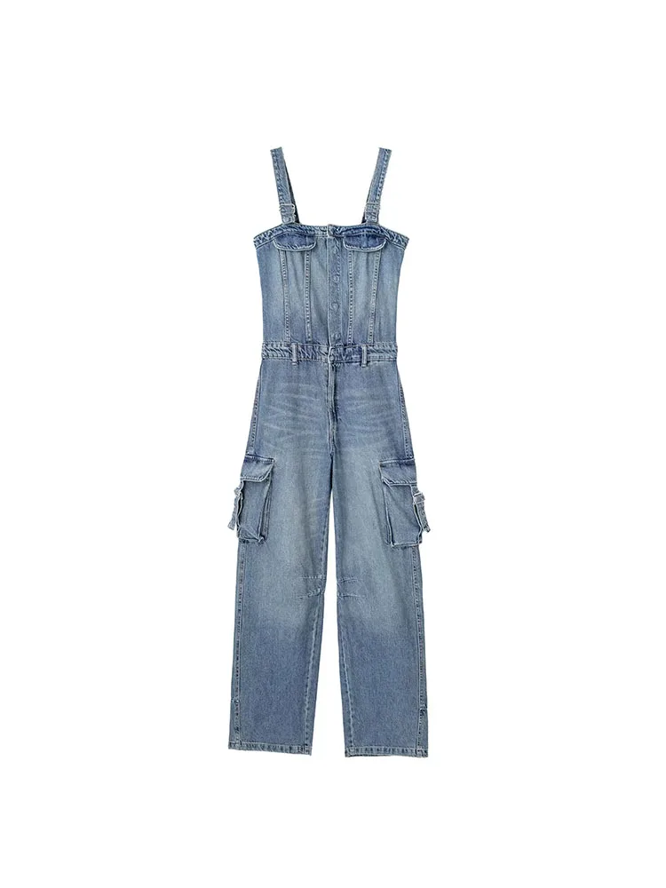 

TRAF Ladies Denim Jumpsuit Women Sleeveless 2023 Summer Women's Long Jumpsuit Streetwear Backless Jumpsuit