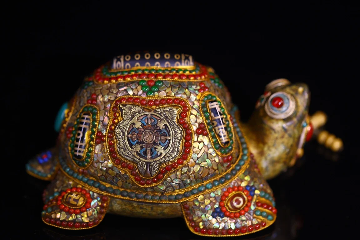 

8"Tibet Temple Collection Old Natural Meteorite Mosaic Gem gZi Beads Shell Old Turtle Statue Pendant Amulet Dharma Town house