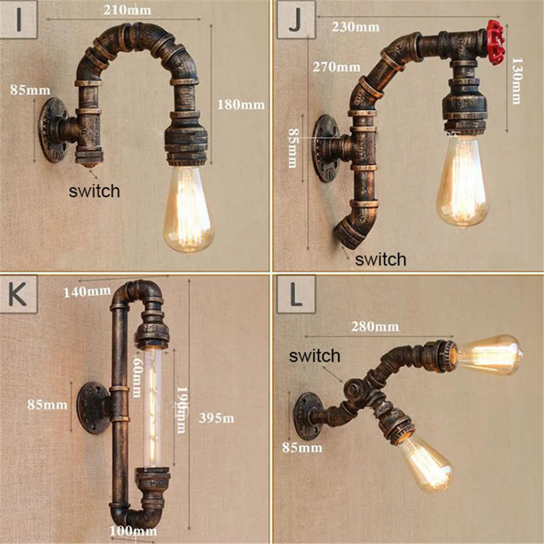 Loft Retro Iron Industrial Water Pipe Wall Light With On Off Switch