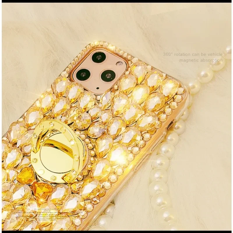 

Gold Crystal Strap Phone Ring Diamond Rhinestone Case For Xiaomi Redmi 9A 9C Note8 9Pro Note10S Note11 Pro 12 Pro Bling Case
