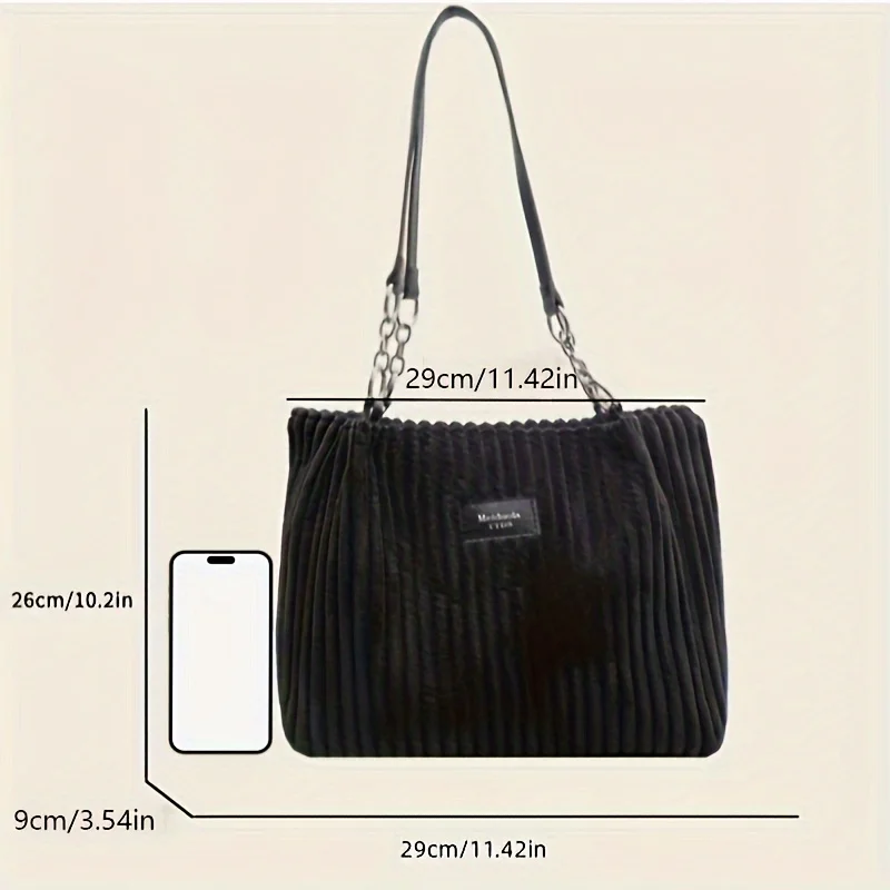 Large Capacity Corduroy Tote Bag, Chain Strap Shoulder Bag for Women, Polyester Lining, Zip Closure, Black, Beige, Khaki, Green