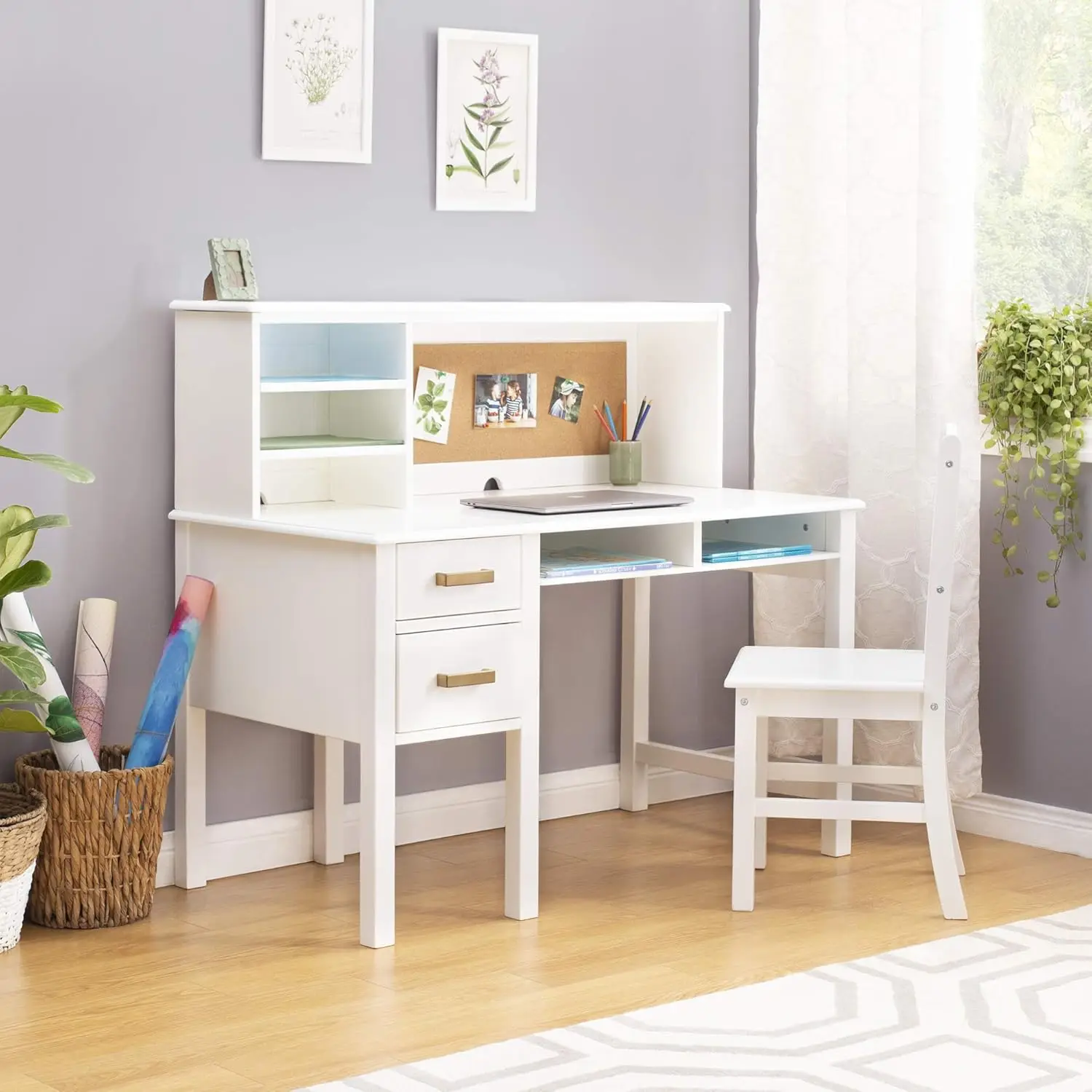Kids Wooden Desk & Chair Set with Hutch Storage Shelves Drawers Corkboard Study Workstation for Bedroom, Customized