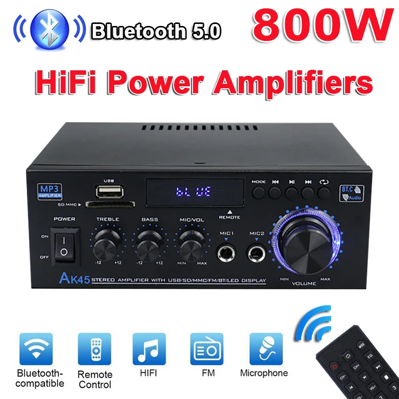 

AK45 800W Home Digital Amplifiers Audio Bass Audio Power Bluetooth Amplifier Hifi FM Music Subwoofer Speakers USB SD Mic Input