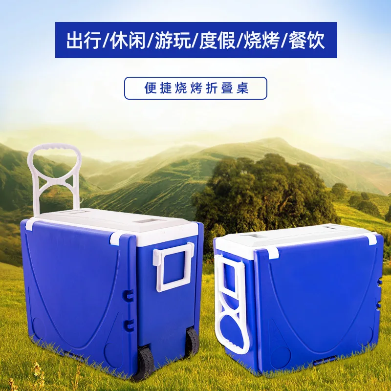 Portable 28L Multifunctional Folding Incubator Outdoor Picnic Table Refrigerator Trolley Camping Cooler