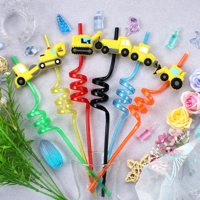 Deluxe Construction Vehicle-Themed Reusable Straw Set - Perfect for Parties & Gatherings, 12-Piece Collection
