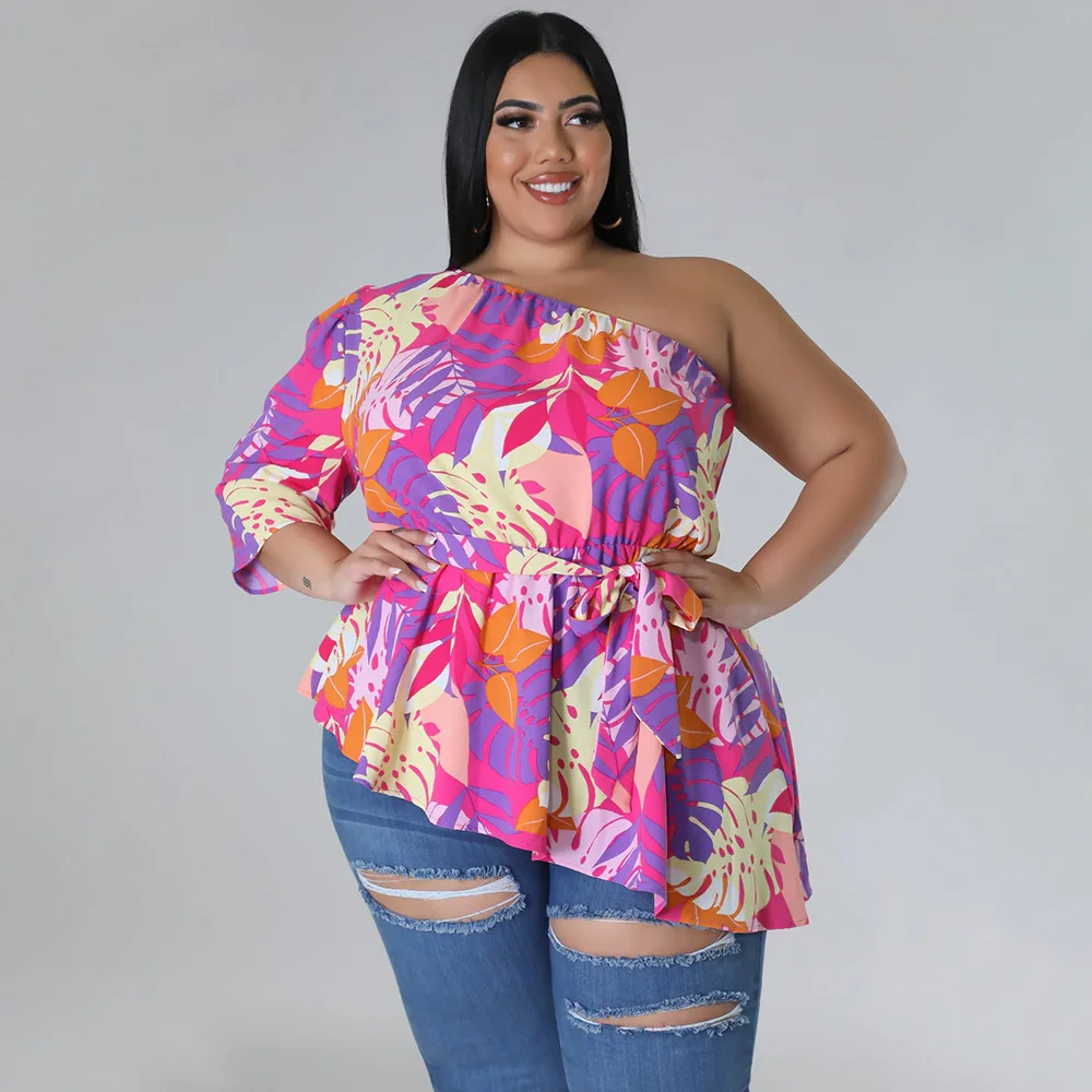 Plus Size Women Tops Leaf Print One Shoulder Shirt For Lady Fashion Casual Outfit Female Belt Cloth 2023 Summer Large Size Tops