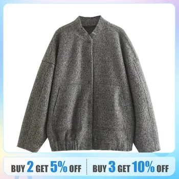 2023 여성 패션 포켓 대형 폭격기 재킷 코트 빈티지 긴 소매 스냅 버튼 여성 상품 이미지