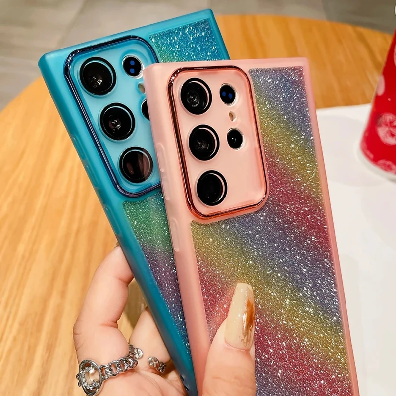 Clear Glitter Rainbow Phone Case With Lens Protector For Samsung_voghion.com