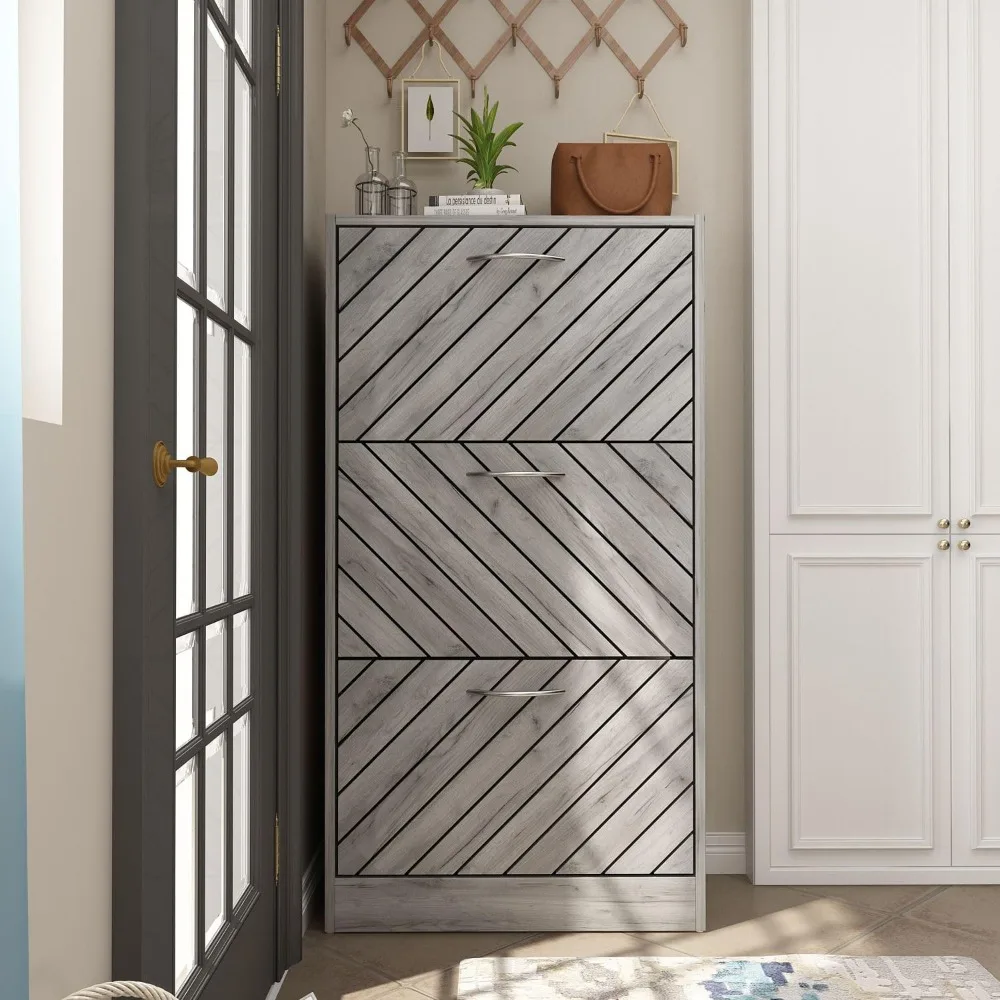 Modern Shoe Cabinet with 3 Flip Drawers, Freestanding Shoe Storage Cabinet, Slanted Design, Shoe Storage Organizer for Hallway 3