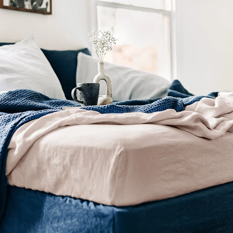 Pure Linen Fitted Sheet with Elastic Bands Non Slip Adjustable Mattress Covers for Single Double King Queen Bed,140/160/200cm