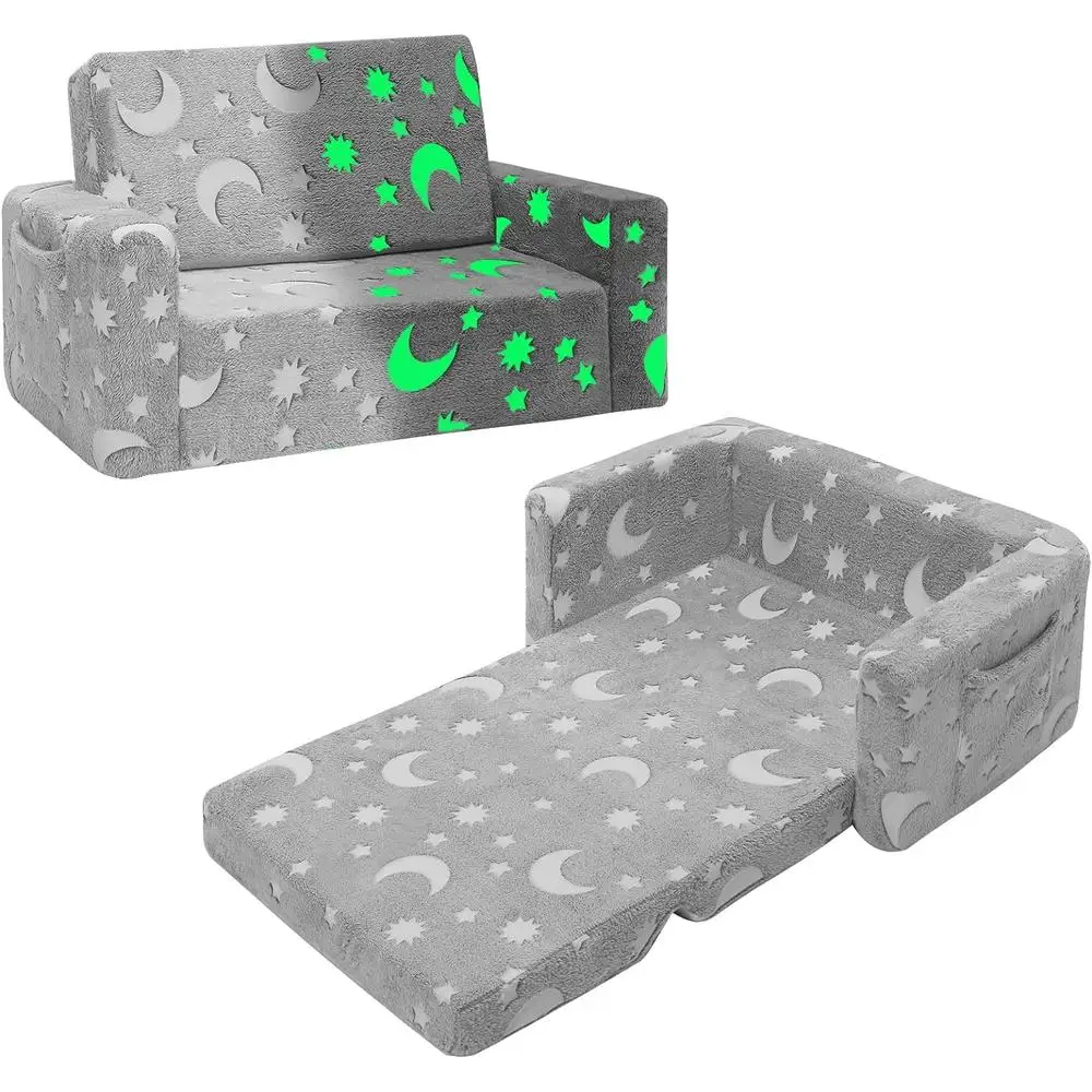 Toddler Couch 2 in 1 Folding Kids Sofa Glow in The Dark Comfy Sleeper Chair Plush Toddler Chair Indoor Kids Furniture 2