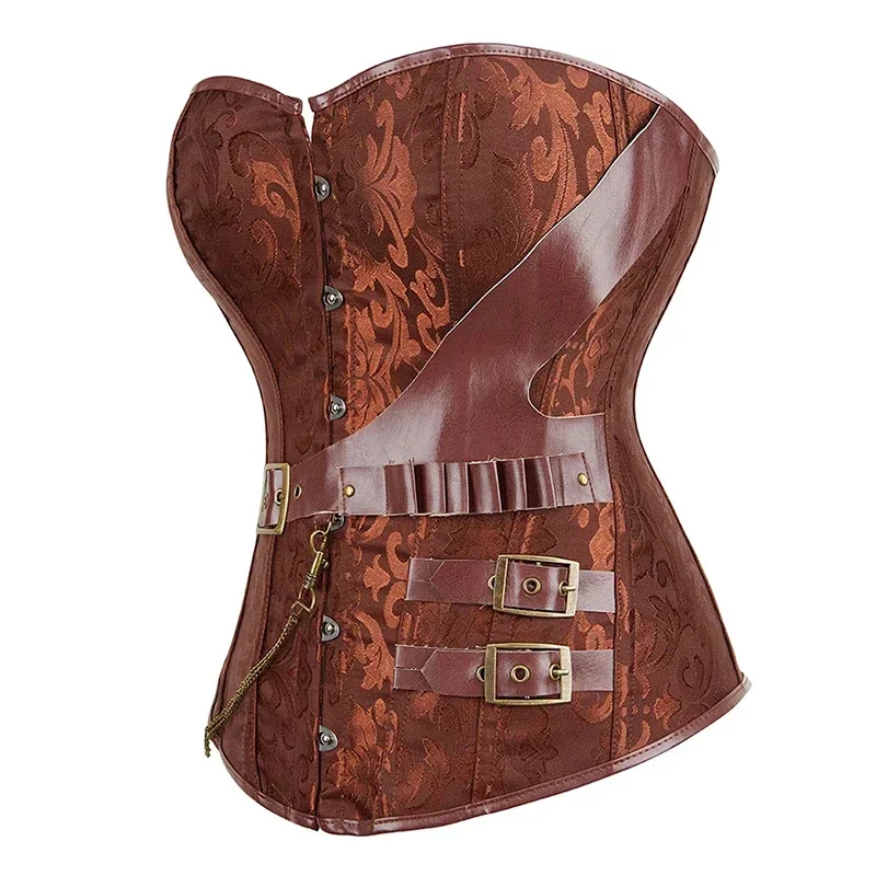 Women Leather Steampunk Corsets and Bustiers Buckle Floral Plus Size Steampunk Faux Leather Corset Pirate Costume