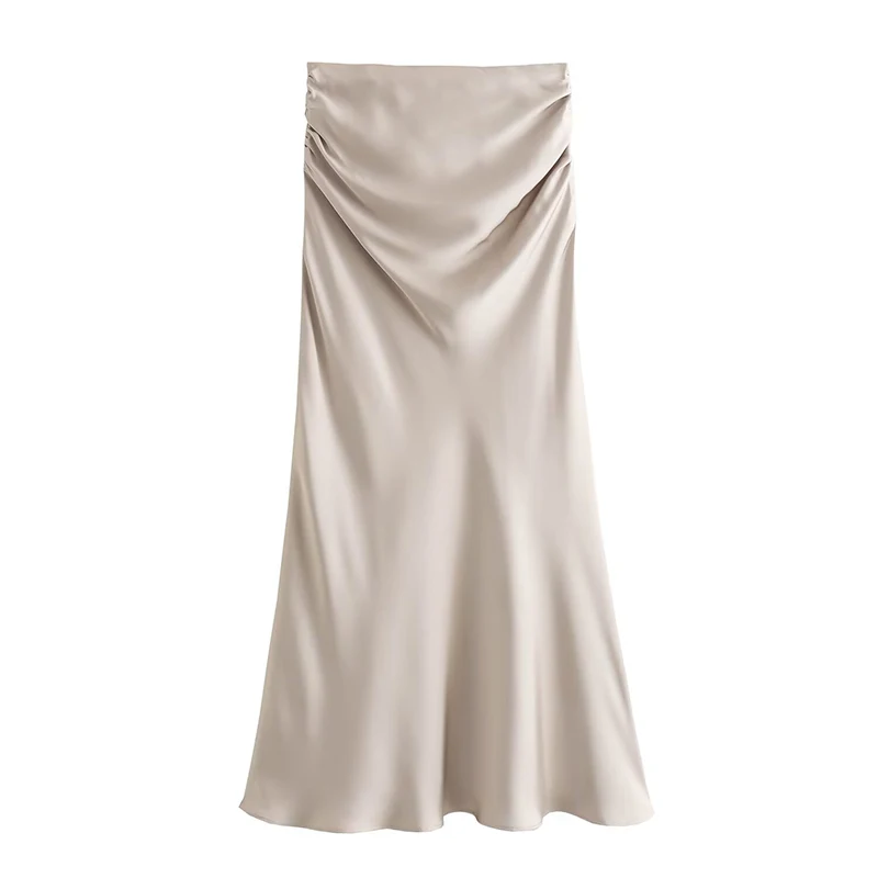 

TRAF Pleated Satin Skirt Women High Waist Long Skirts for Women 2023 Autumn Office Midi Skirt Woman Streetwear Women's Skirts