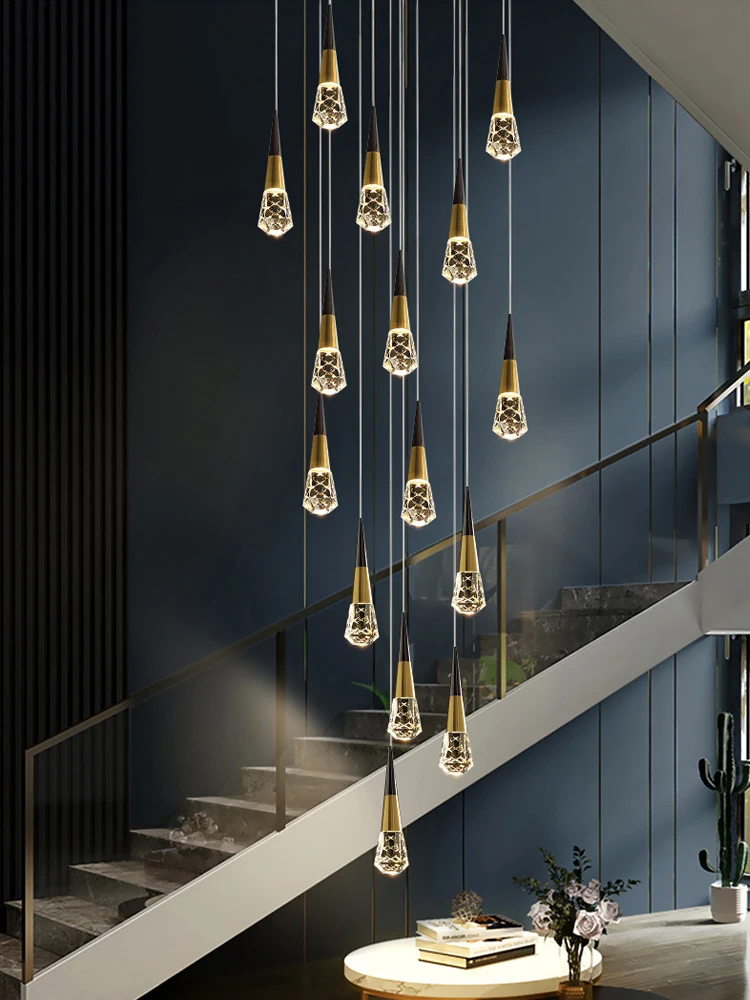 

Crystal Staircase Pendant Light Modern Luxury Villa Duplex Building Gold Simple Jump Floor LOFT Small Apartment Long Pendant Lig