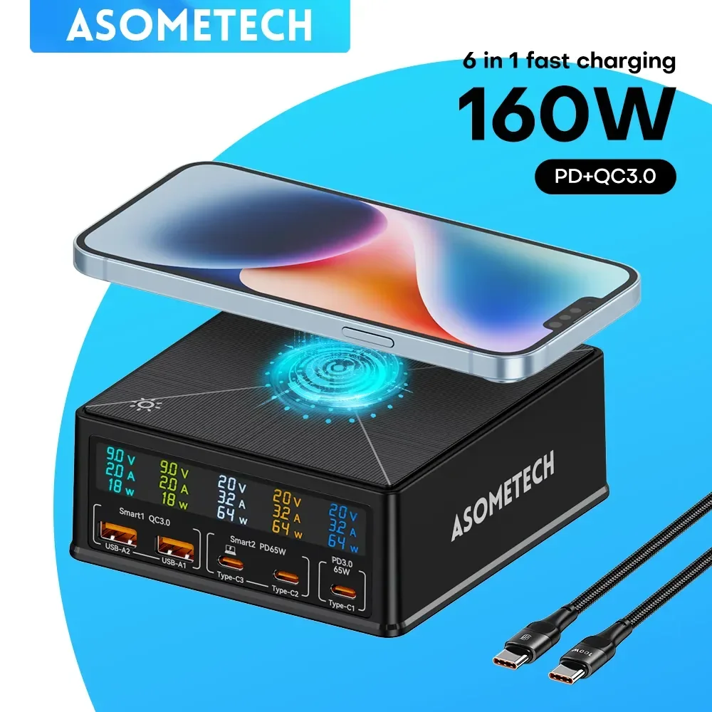 160W GaN USB Charger Station 15W Wireless Charging LCD Display USB C PD 65W QC Fast Charger for Iphone 14 Samsung Xiaomi Laptop