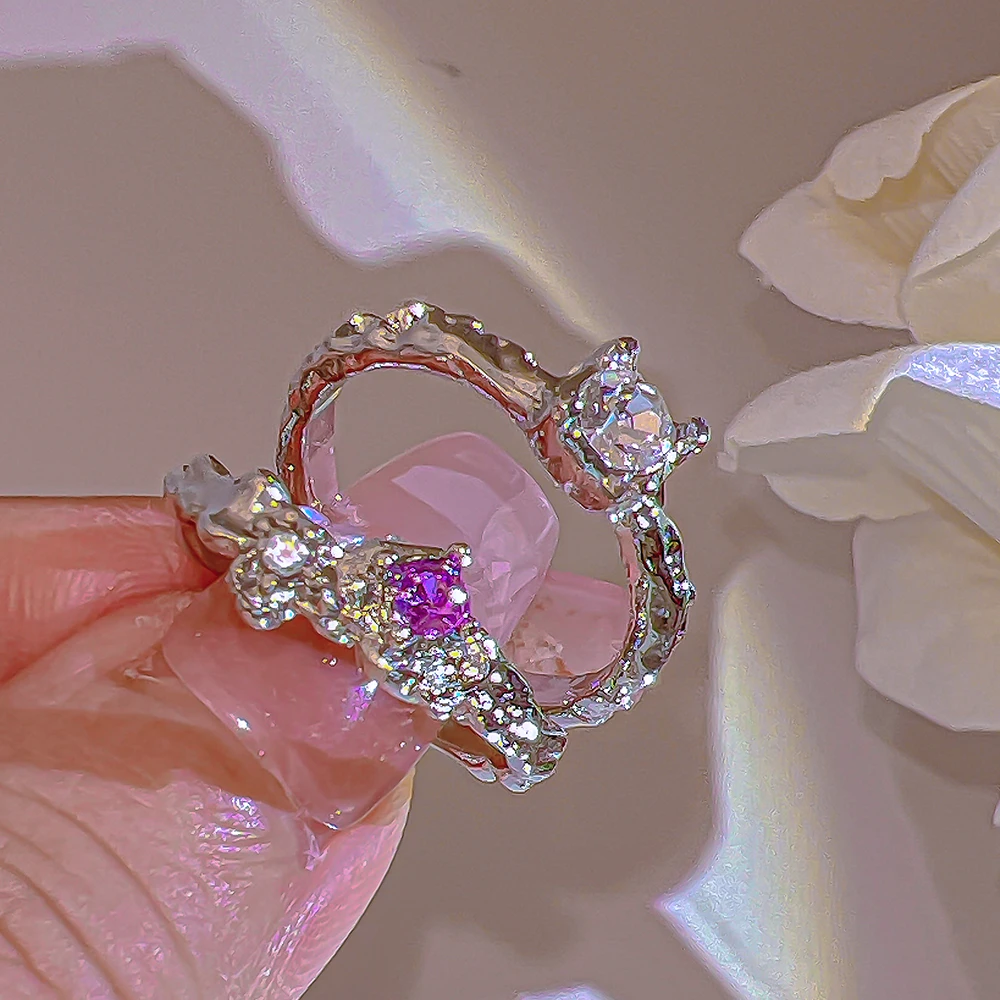 17KM Y2K Purple Crystal Rings Fashion Kpop Irregular Adjustable Couple Rings Set for Women Girls New
