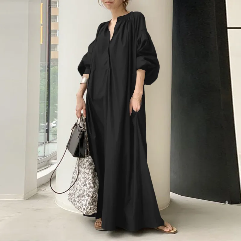 

New summer plus size fashion dress 9XL 8XL 7XL quality cotton and linen stand collar long loose casual lantern sleeve dress