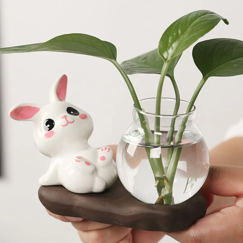 Cute Rabbit Hydroponic Plant Vases Transparent Glass Vase Tabletop Decoration Aquatic Flower Bottle with Wooden Base