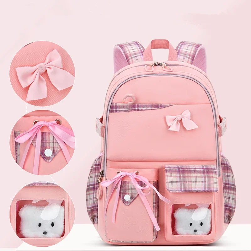 2024 New Bowknot schoolbag for teenage girls High capacity orthopedic backpack  With cartoon pendant School Bags 2 Size Satchel