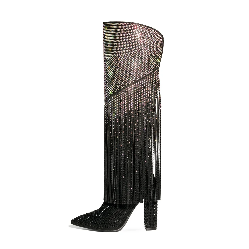 

2023 Women Slip-On Tassels Rhinestone Autumn Winter Long Boots Silvery Black Mixed Colors Pointed Toe Crude Heel Knee High Boots