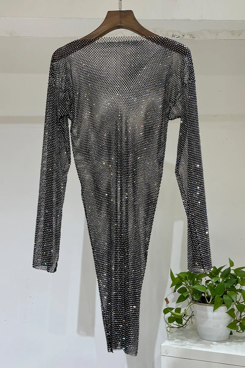 H80&S90 New Holiday Sexy See Through Rhinestone Bling Bling Diamnond Mesh  Slash Neck Long Sleeve Party Dress Beach Streetwear - AliExpress 200000345