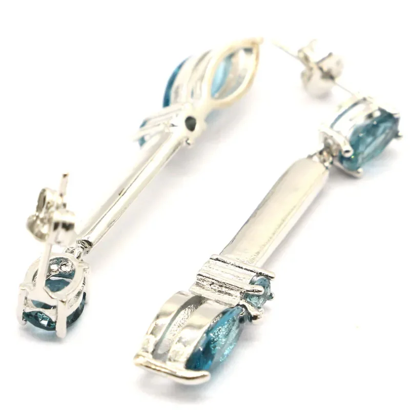 925 SOLID STERLING SILVER Customized Earrings 5.5g London Blue Topaz Green Emerald Woman's Present Eye Catching